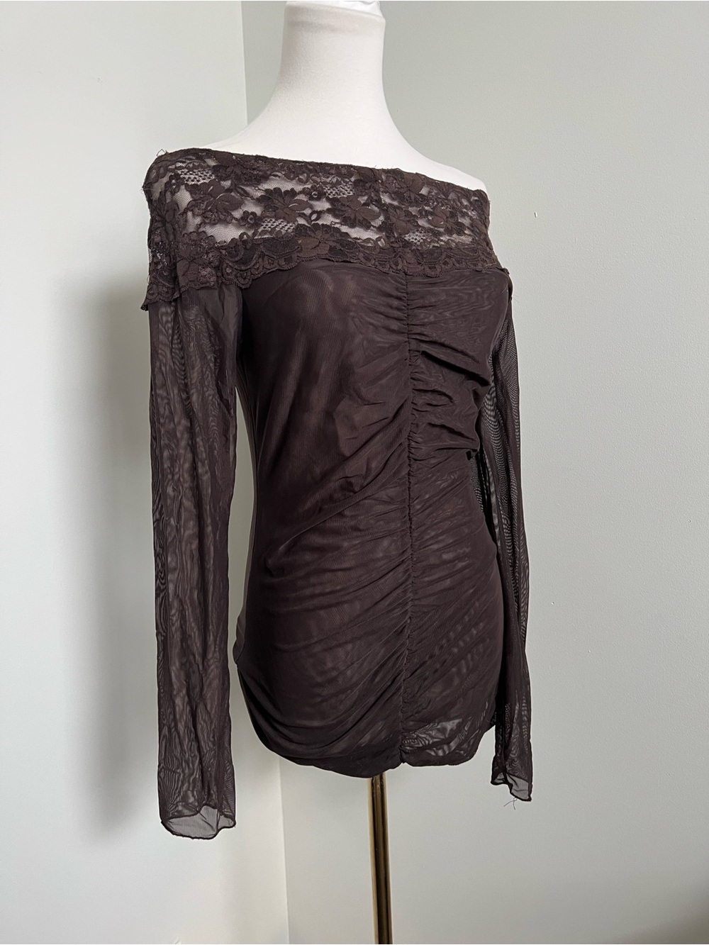 Vintage Whimsigoth Chocolate Brown Lace Mesh Ruched Mini Dress S - Picture 4 of 6